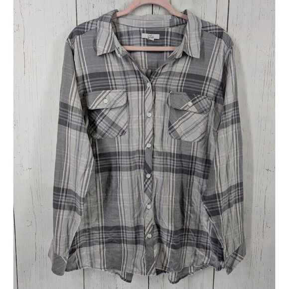 croft & barrow Tops - Croft Barrow Size XXL Gray Plaid Button Down Collar Long‎ Sleeve Casual Top